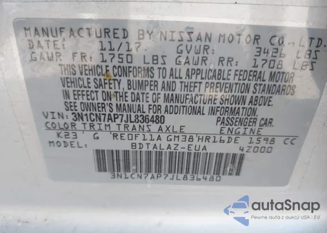 2018 Nissan Versa 1.6 S+ из США, поврежденный, VIN 3N1CN7AP7JL836480